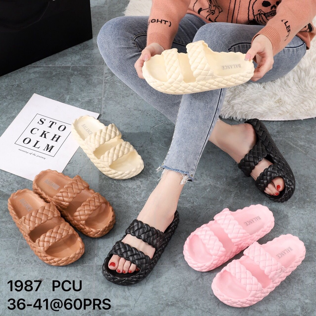 Sandal Slop Wanita Jelly Korea kepang PVC Strap Bahan Karet Empuk Elastis Import Anti Slip BALANCE 1987