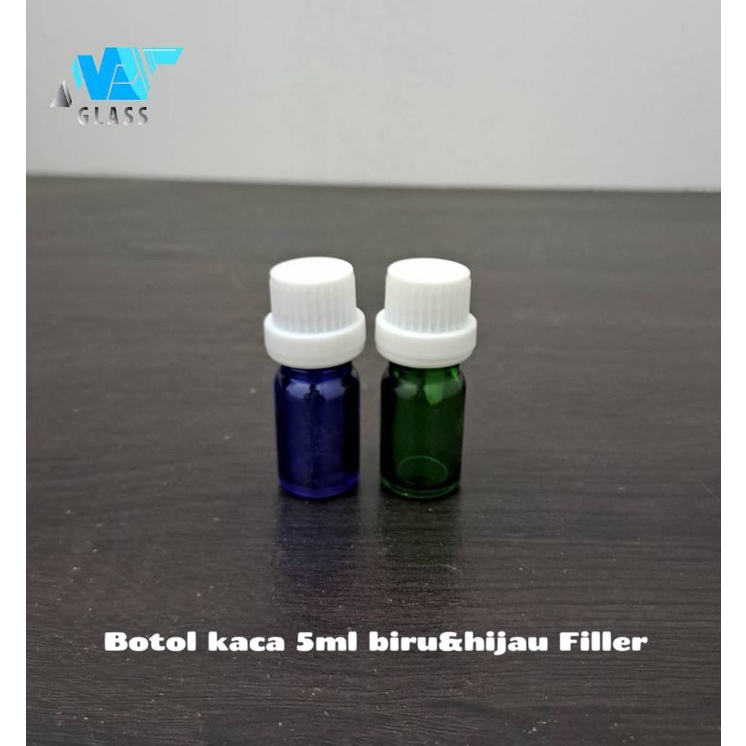 botol kaca 5ml biru &amp; hijau tutup filler putih / Botol Essential Oil