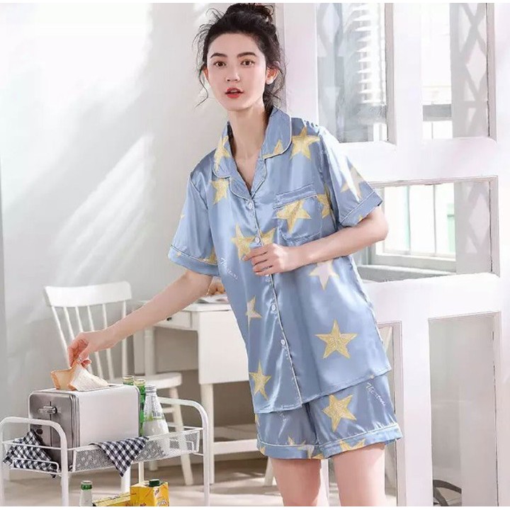 Blue star satin piyama -Thejanclothes