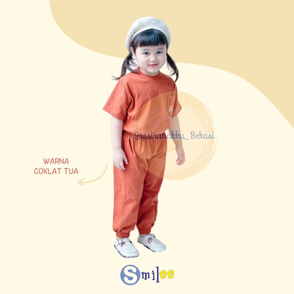 Setelan Anak Unisex Smilee Jojo  Warna Coklat Tua Size 1-5Tahun