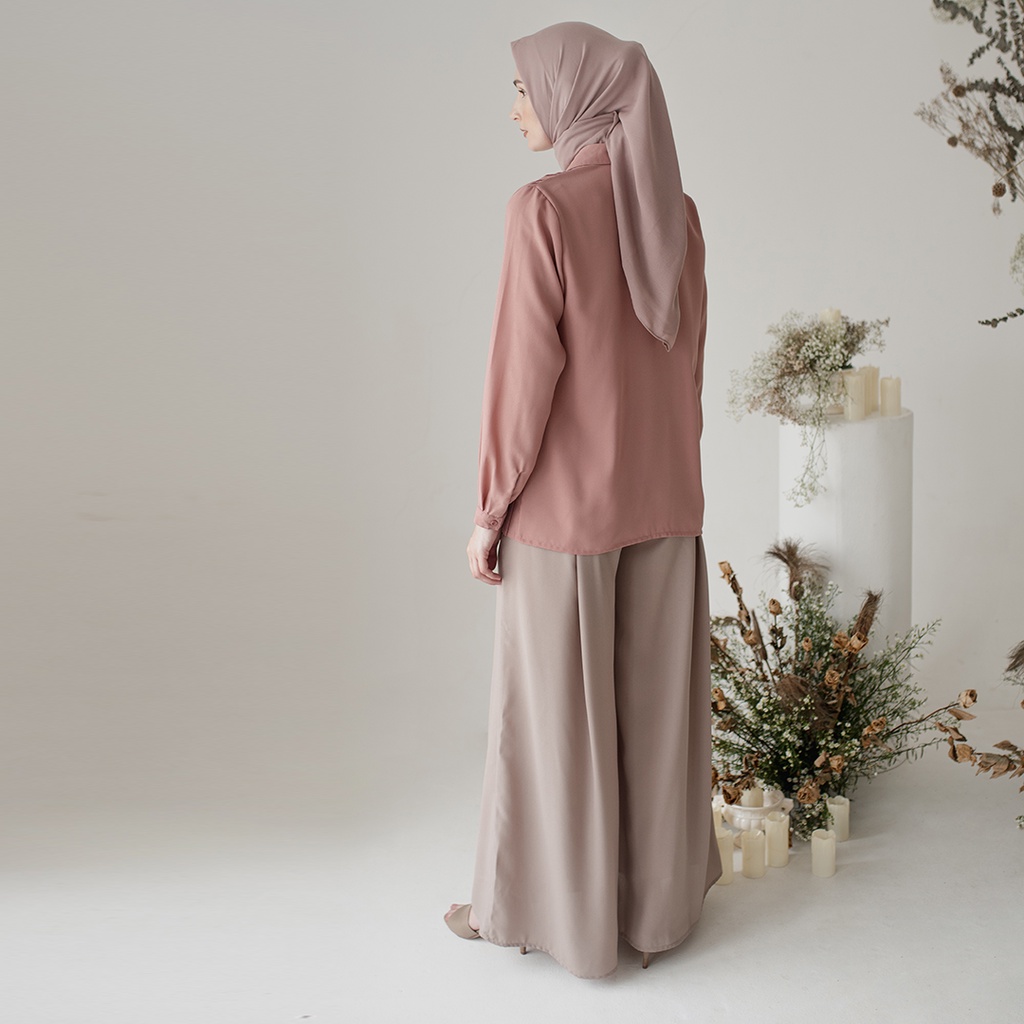 Kaluna by Aska Label - Atasan wanita kemeja plisket lengan panjang dengan manset warna abu taupe, pink mauve, hitam black