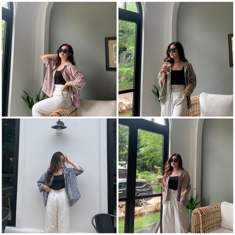 JOSHIN Atasan Kemeja Salur- Oversize Shirt Polyester - Blouse Kemeja Wanita