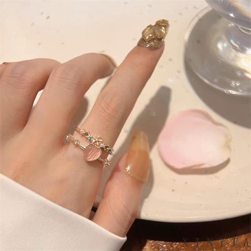 Cincin Model Terbuka Dapat Disesuaikan Desain Hati Opal Untuk Wanita