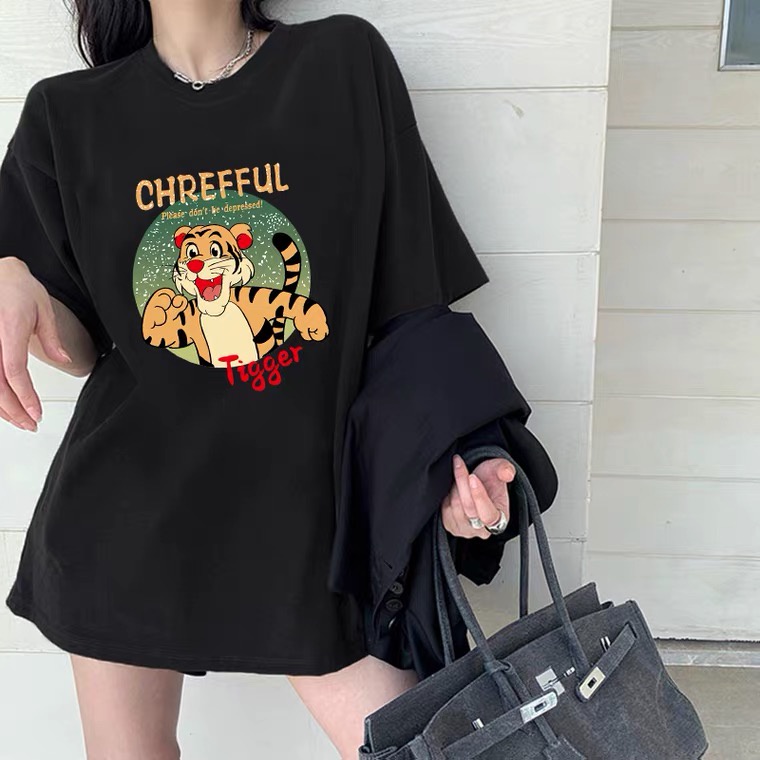 kaos atasan wanita tiger anime graphic printing tee korean style lengan pendek import hitam kaos