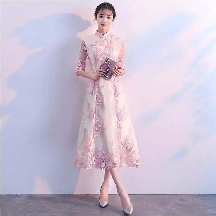 Cheongsam modified lace belly covering slim medium and long dress banquet evening dress short sleeve