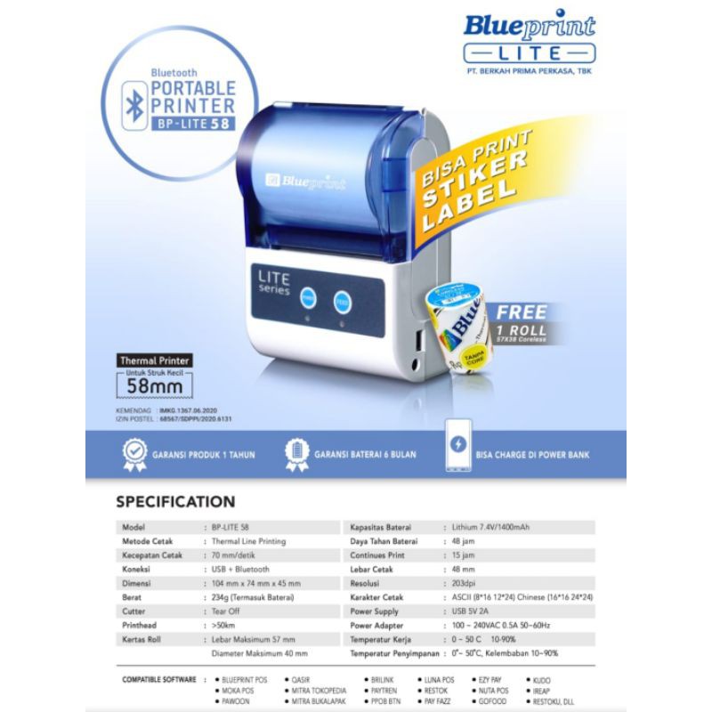 Printer Thermal Kasir Portable PPOB Bluetooth BLUEPRINT LITE58 Bluetooth Free bubble dan dus