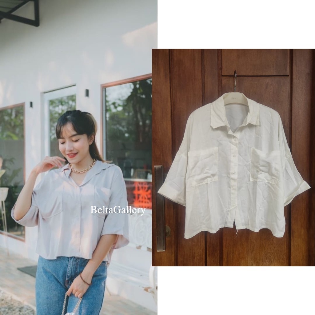 Atasan Kemeja Pocket Crop Oversize Wanita Rayon Twill Tangan Pendek Stik Balik Jumbo Ld 120