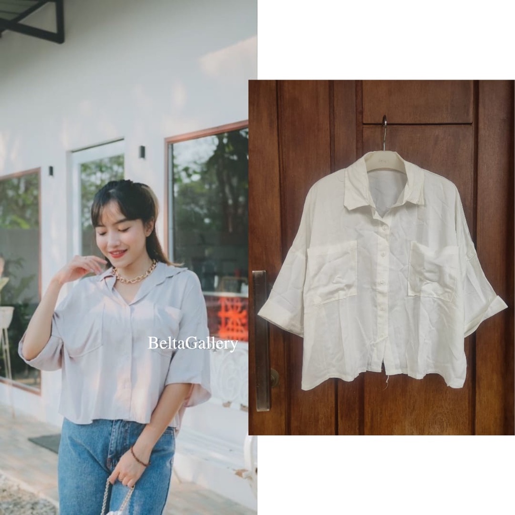 Atasan Kemeja Pocket Crop Oversize Wanita Rayon Twill Tangan Pendek Stik Balik Jumbo Ld 120