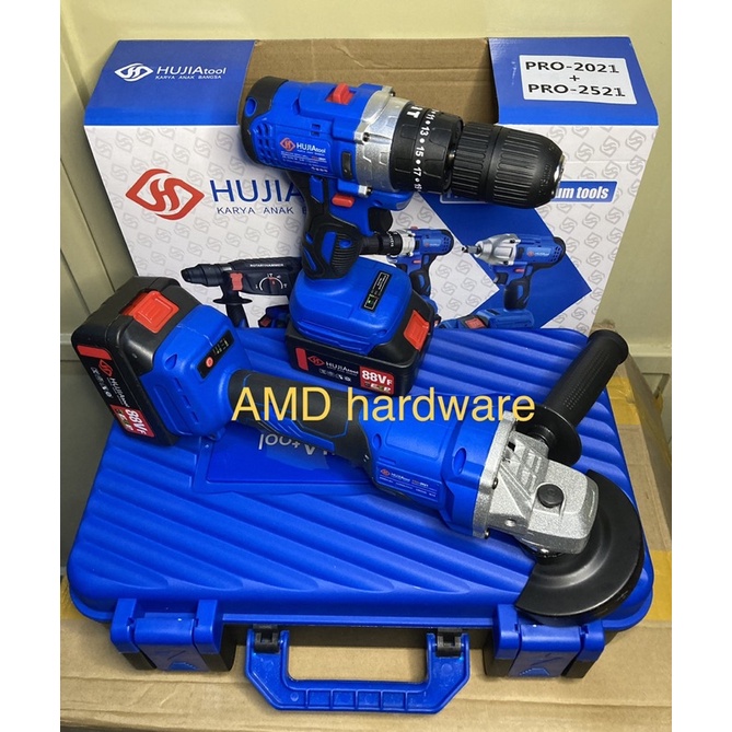 HUJIA PRO 2021+2521 PAKET CORDLESS GERINDA + MESIN BOR IMPACT BETON TEMBOK 13mm BATERAI 88V BRUSHLES