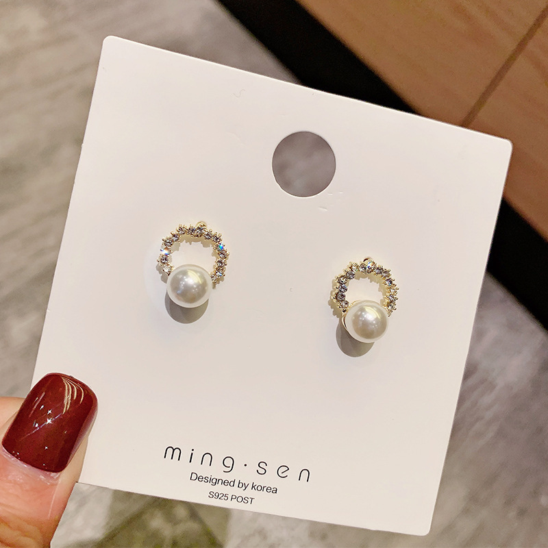 Anting Stud Berlian Mutiara Bahan S925 Sterling Silver Gaya Korea Untuk Wanita