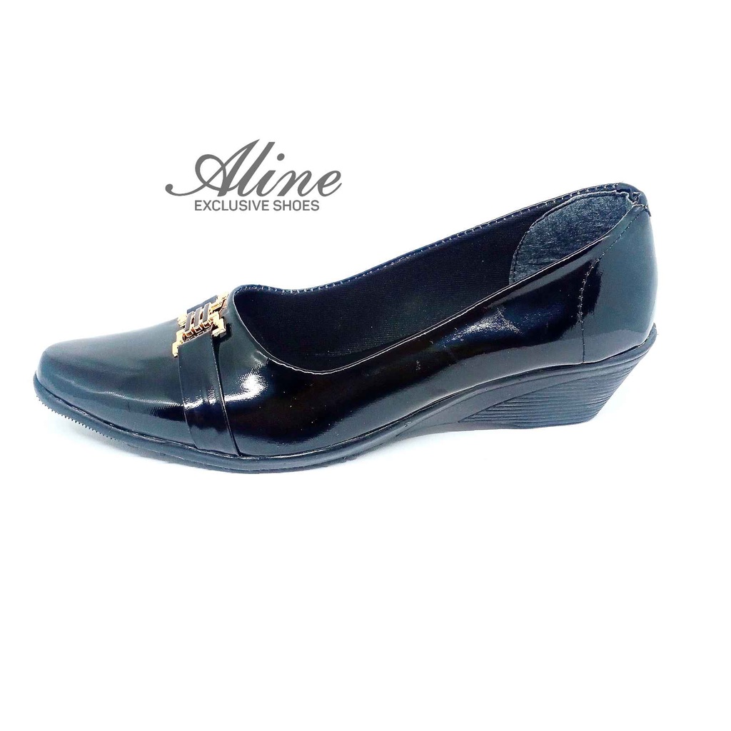 Aline Sepatu Pantofel Wanita Hak 5 Cm Fantofel Wedges Glosy Kerja Hitam Sabuk Kilap Glosy AW27