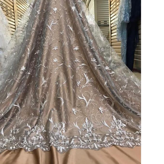 ☛ Kain bahan Tulle akar mutiara bordir / bahan kebaya / bahan brokat Tulle ( daun bordir). ☝