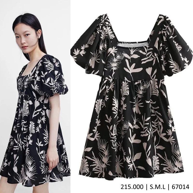 Dress Poplin | Dress Bunga Hitam 67014 - Black Square Neck