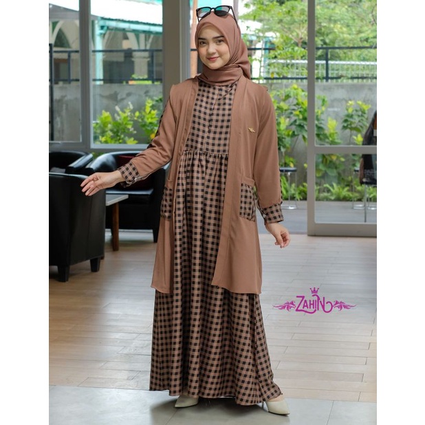Dress Andara outer kotak terbaru gamis bahan ity crepe mix shakila ori by zahin