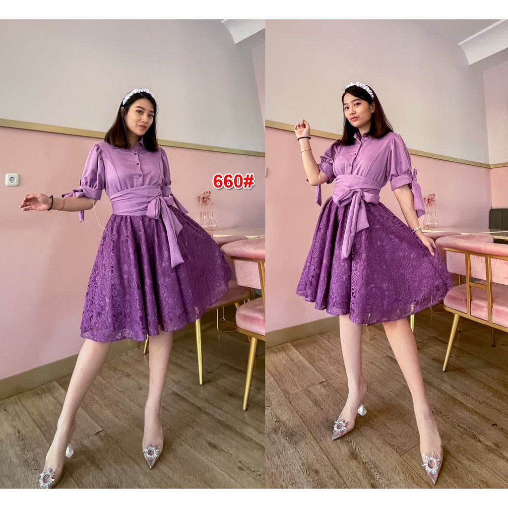 NCR - 660# Gaun Pesta Natal /Dress Collar "FREE BELT KAIN" Dress Midi Brukat Import