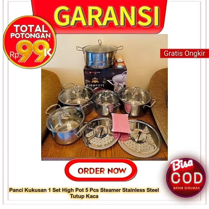 Panci Kukusan 1 Set High Pot 5 Pcs Steamer Stainless Steel Tutup Kaca