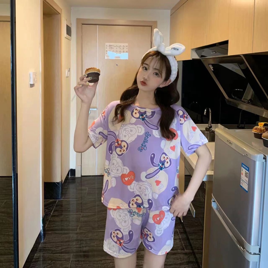 Piyama Baju Tidur Import Wanita Fashion Sleepwear Spandex Stelan Rumah Baju Santai Celana Pendek z-HP-Rabbit Lilac