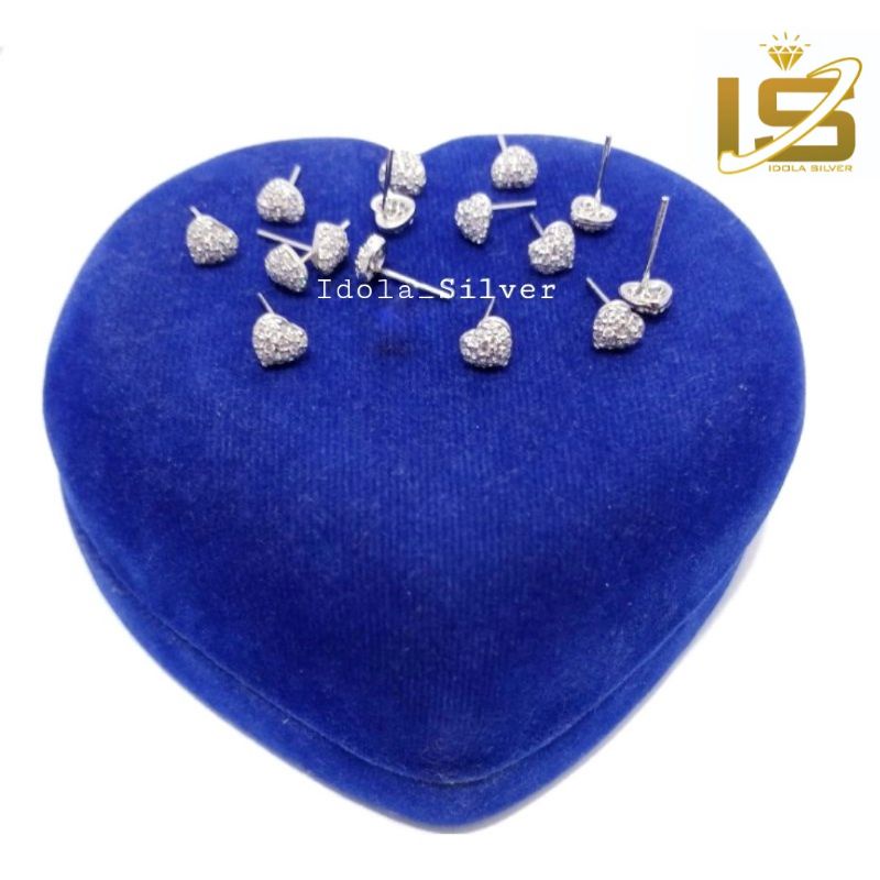 ANTING TUSUK PERAK ASLI SILVER 925 LAPIS EMAS PUTIH MODEL LOVE PERMATA FULL - PERHIASAN PERAK