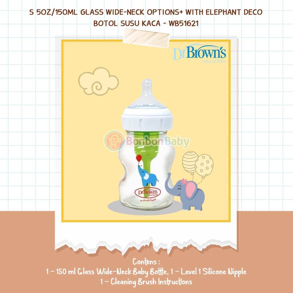 Dr. Brown's Glass Wide Neck Option+ Elephant Deco 150ml WB-51621 Botol Kaca