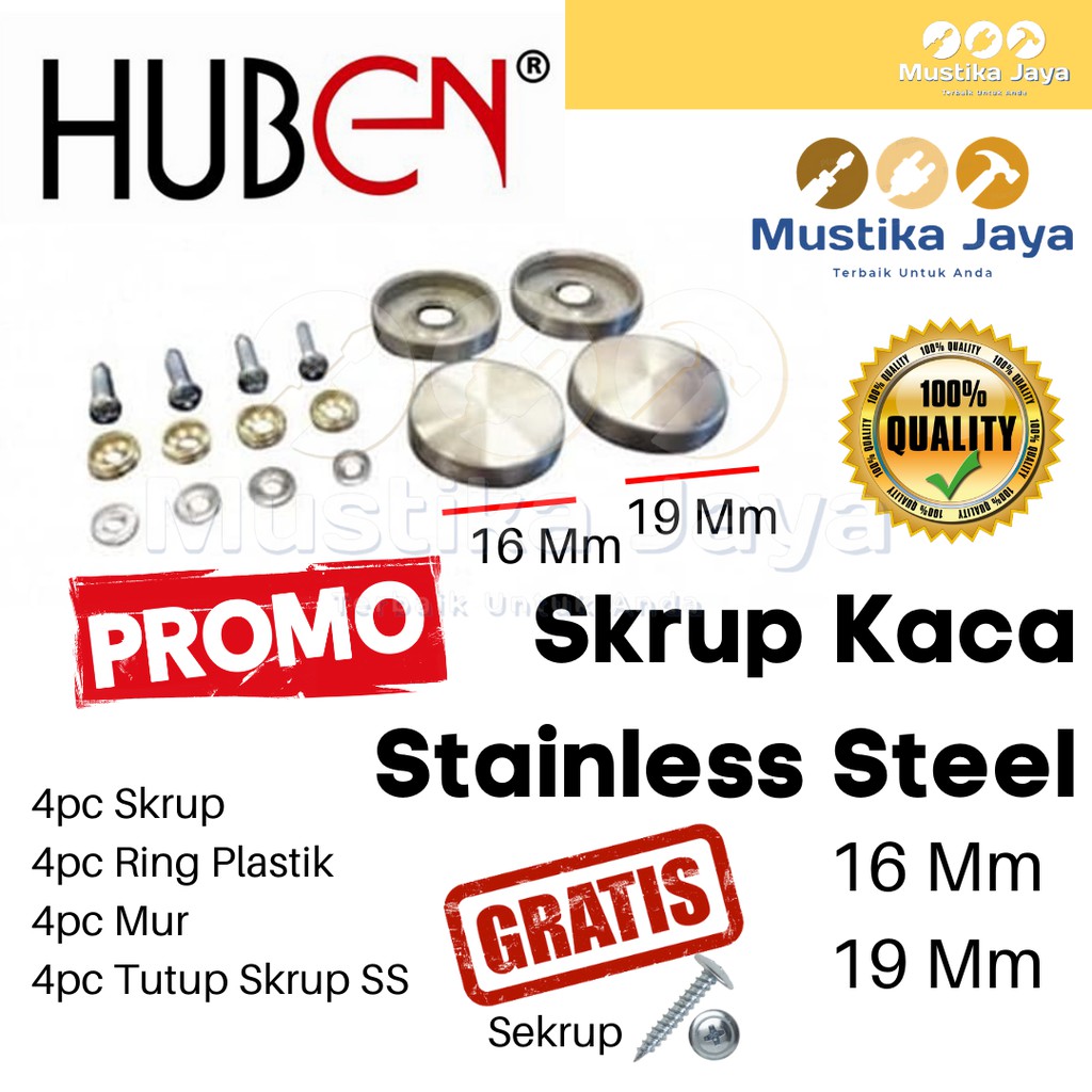 Dop Skrup Kaca Sekrup Kaca Huben Stainless Steel SS 16 mm 19 mm Tutup