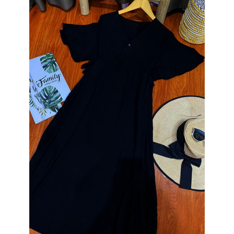 long daster kimono polos tangan lonceng | long daster cantik | long daster kimono | daster | daster kekinian | daster busui-Black