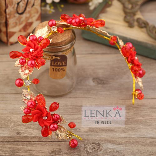 Lenka Tiara Headpiece Pesta Wedding Bridal Bunga Merah Modern TRE013