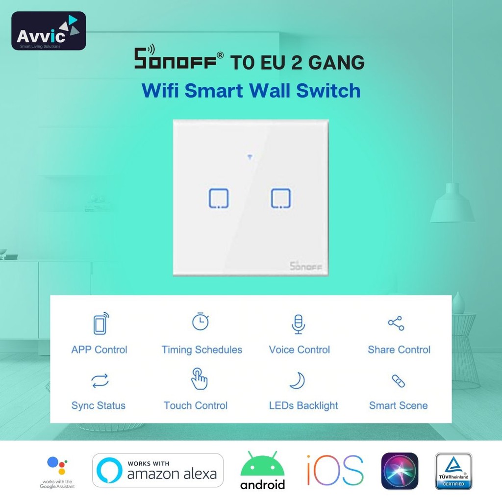 Sonoff Smart Touch TX T0 EU 2Gang/Tombol - Saklar Lampu Dinding Pintar Smart Home Switch Saklar