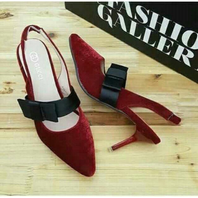 Heels Suede Maroon - High Heels Suade Hitam Resmi - Sepatu Heels Gucci Replika- Sepatu Pita Pesta