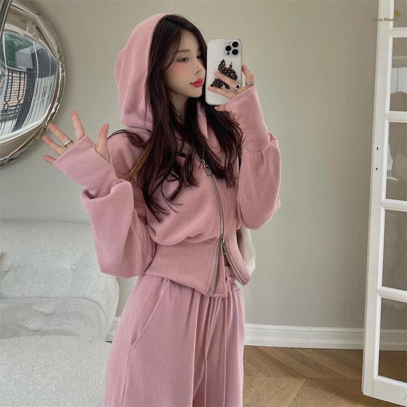 import] Zip Hooded Pendek Cardigan Sweater Jaket Wanita Atasan Olahraga Kasual Lengan Panjang Merah