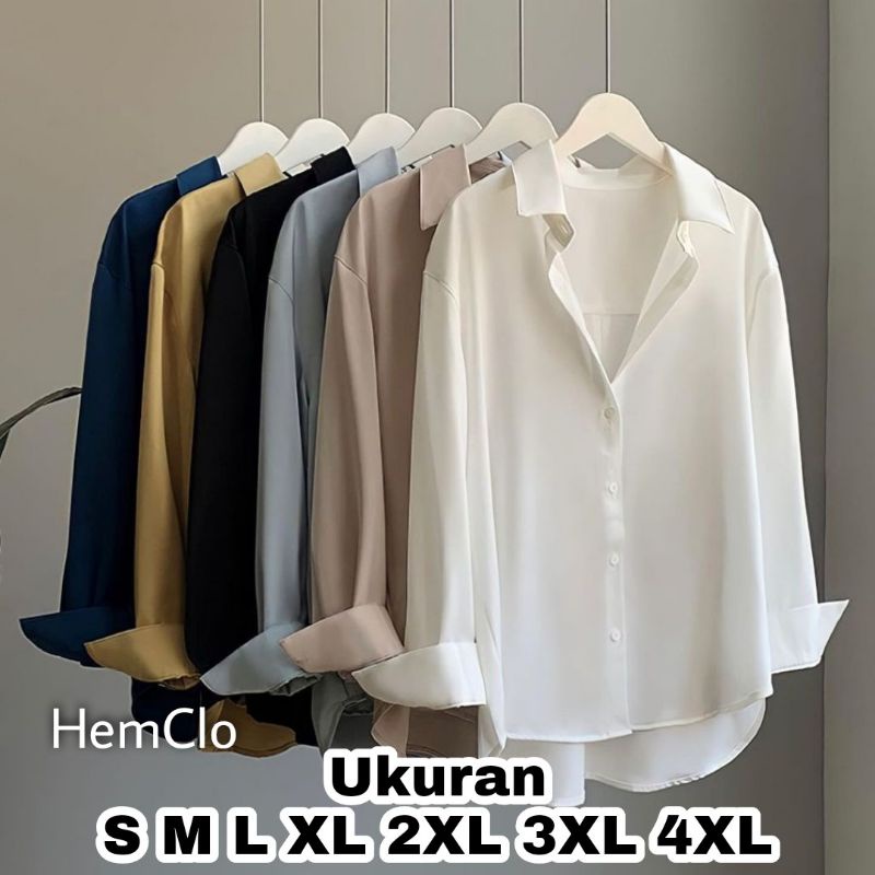 HemClo Kemeja Polos Wanita Big Size Ukuran S M L XL XXL XXXL XXXXL 4XL 2XL 3XL 5XL 2L 3L 4L 5L Kemeja Basic Jumbo Atasan Big Size Oversize Baju Kerja Kantor Korea Blouse Jumbo Wanita