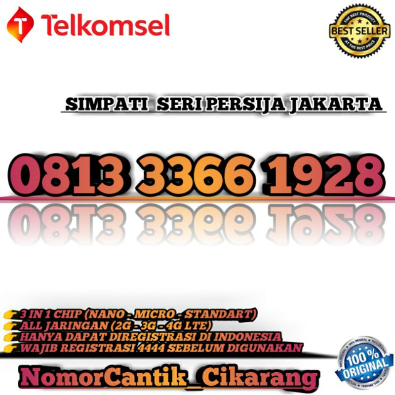 NOMOR CANTIK SIMPATI AABB + SERI TAHUN  3366 1928 / SERI TAHUN PERSIJA 1928