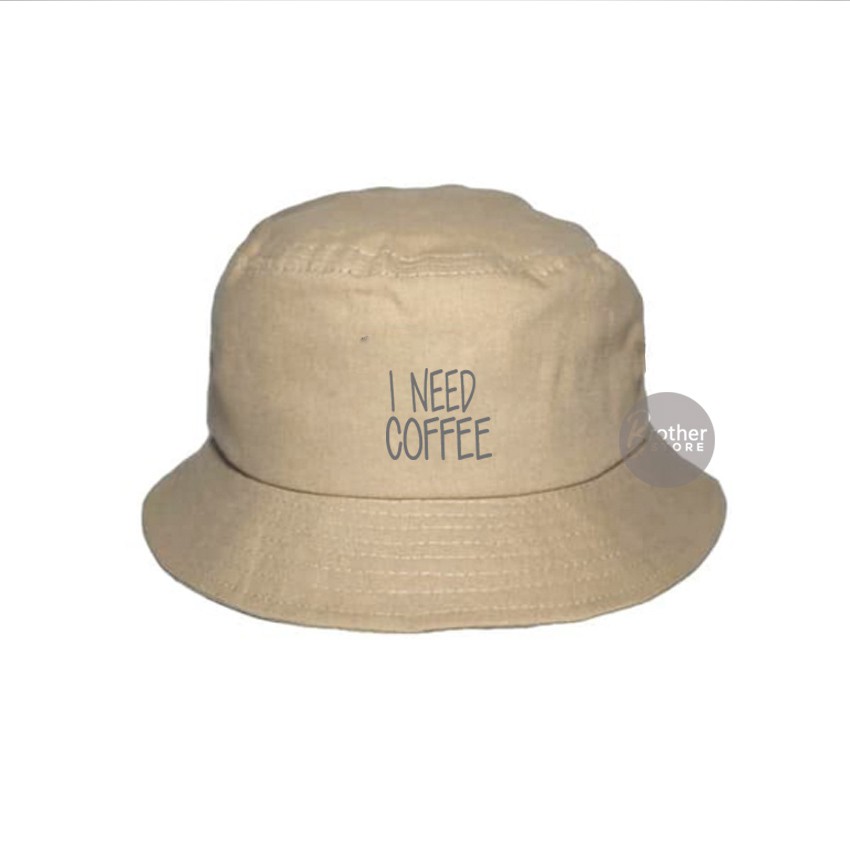 Topi Bucket - Topi Gunung - Logo I Need Coffe Text Abu Abu