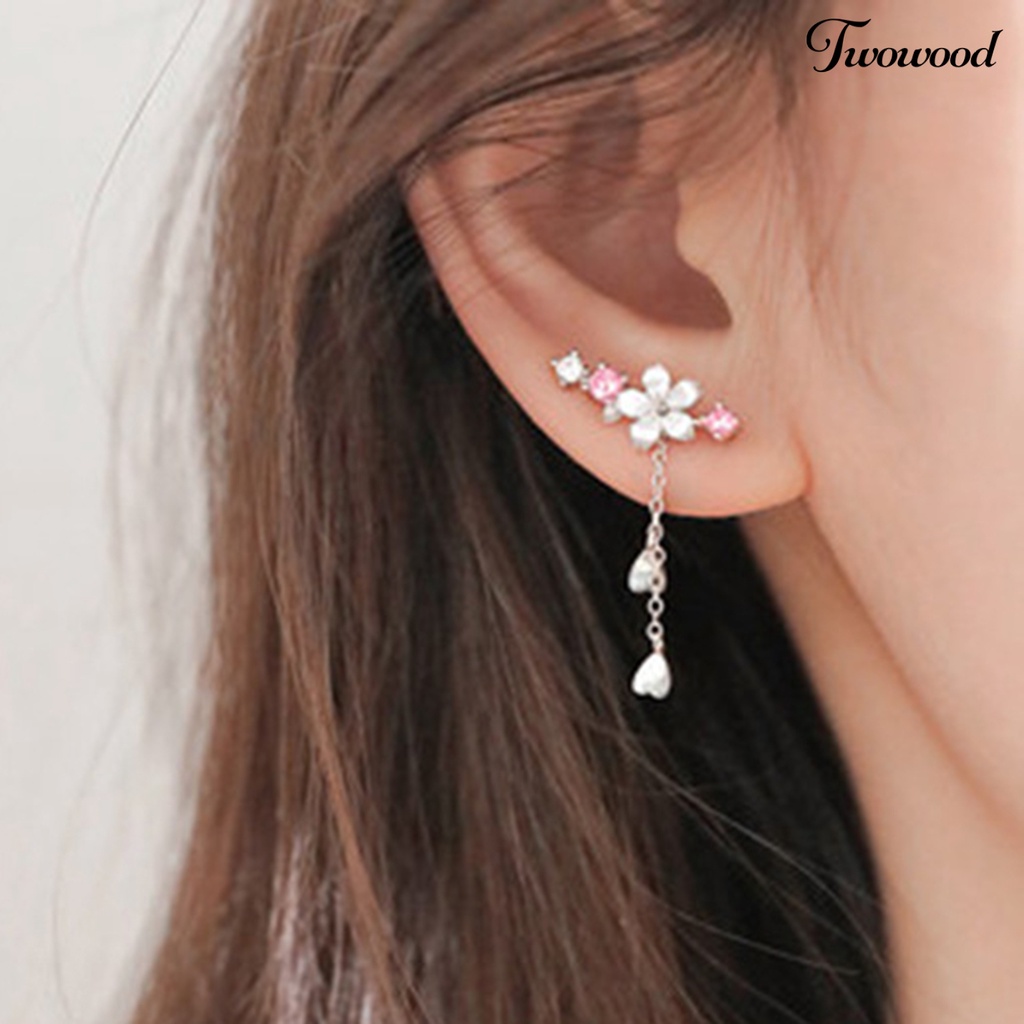 1 Pasang Anting Hook Berlian Imitasi Bentuk Hati Cherry Blossom Bahan Alloy Untuk Liburan