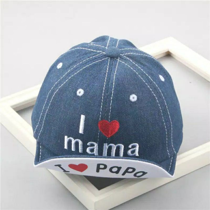 TOPI BAYI I LOVE MAMA PAPA / TOPI BASEBALL DENIM LEMBUT BAYI UNISEX