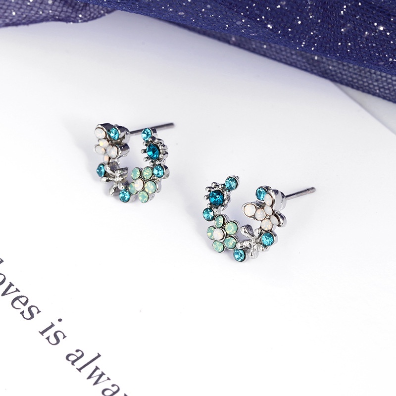 Anting Stud Desain Bunga Biru Hijau Gaya Korea Untuk Wanita