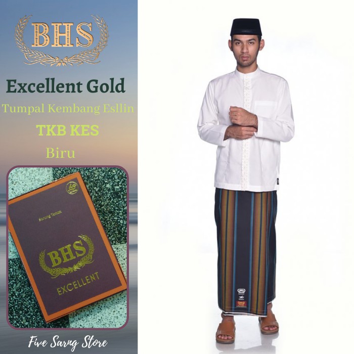 Kain Sarung  BHS Original Excellent Gold Motif Tumpal Kembang Eslilin TKB KES Mercerized Warna Biru
