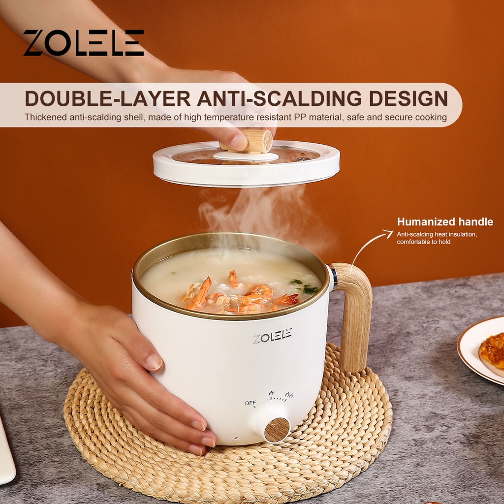 ZOLELE Panci Listrik Serbaguna Kukusan 1.5L Multifungsi Elektric Cooker 4 in 1 Food Frypan Hotpot Low Watt 2-Layer Panci Pot Kukus Steamer with Gagang Anti Melepuh Panci Anti Lengket Peralatan Dapur Stainless Home Kitchen Portable ZC302