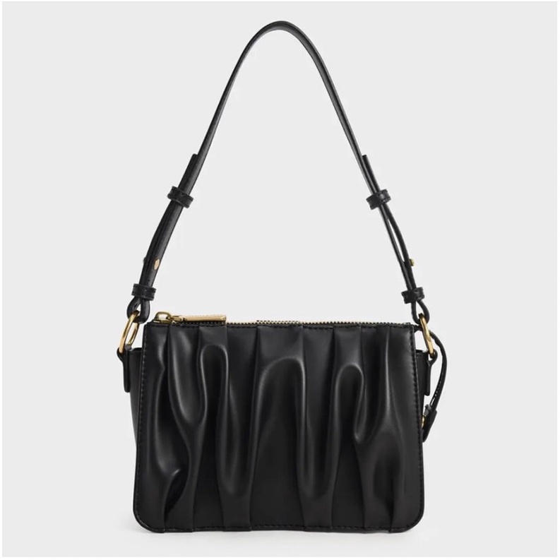 C Ruched Beaded Handle Shoulder Bag