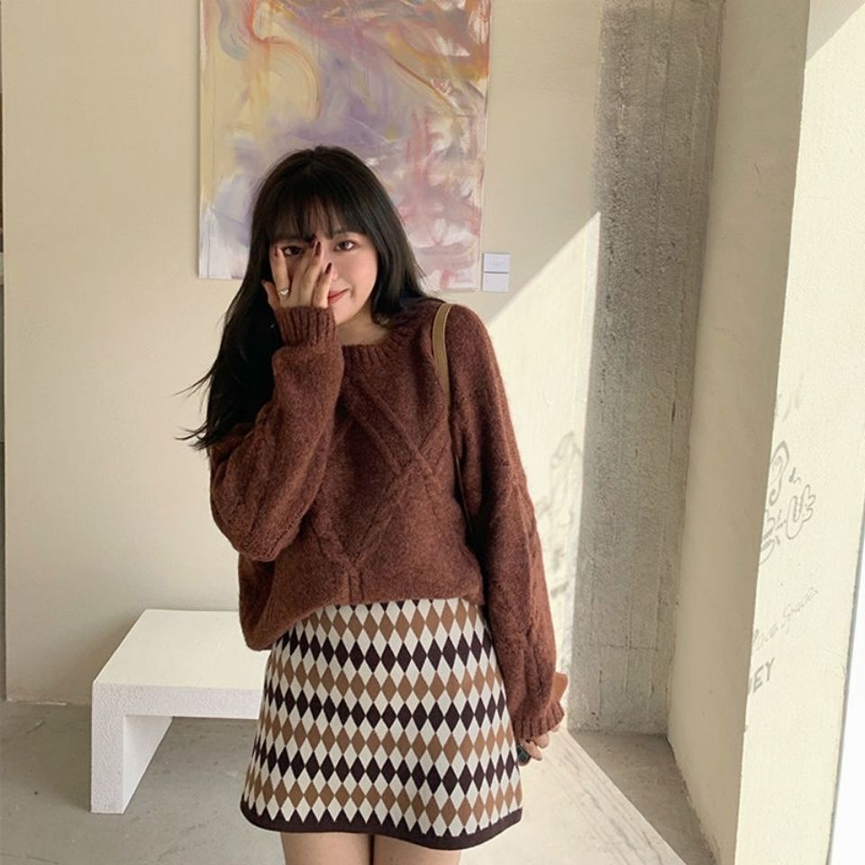 ❧♀Rok Setengah Badan Warna Kontras Retro Baru Musim Gugur Musim Dingin 2020 Rok Huruf A Tenun Wol Ko