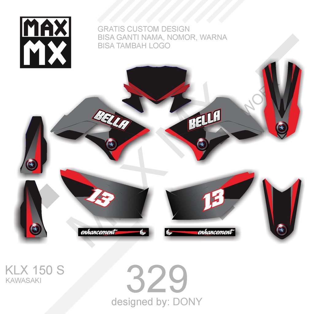 DECAL STIKER MOTOR KLX 150 S MOTIF GRAFIS WARNA GELAP SILVER KOMBINASI MERAH HITAM