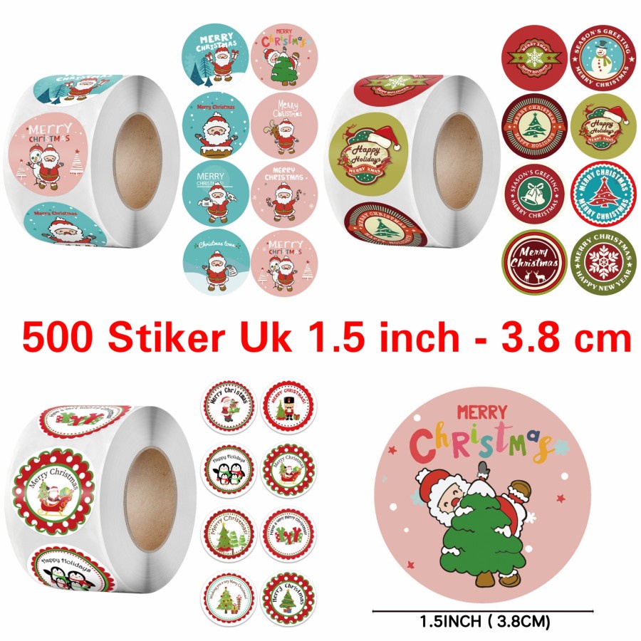 Sticker Natal isi 500 Besar 3.8cm Stiker Kado Merry Christmas Mura