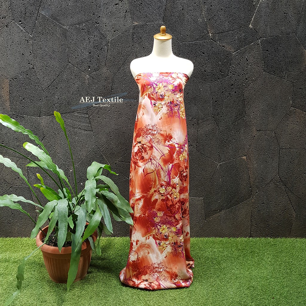bahan kain gamis silky polyester motif bunga malaysia meteran (49562)