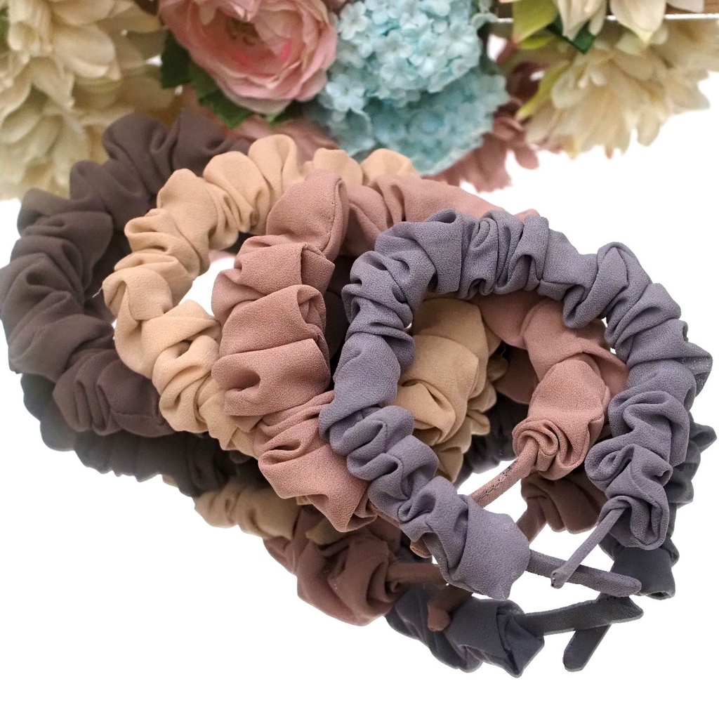 Bando Scrunchie Korea Bando Kerut Ruffle Warna Warni Soft Pastel Headband Scrunchies Aksesoris Rambut Wanita