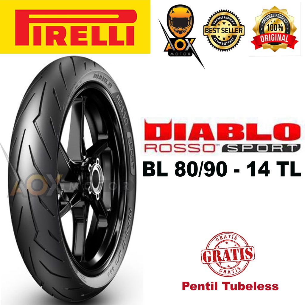Ban luar motor matic 80/90-14 PIRELLI Diablo Rosso Sport tubeless, GRATIS cop tubeless