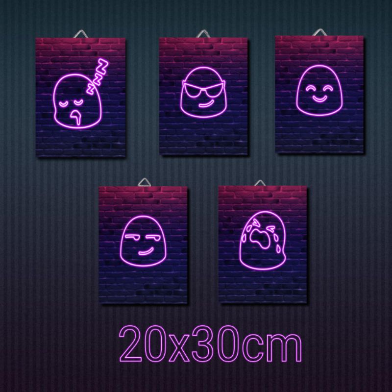 POSTER FRAME KAYU NEON EMOTICON / EMOJI EMOT