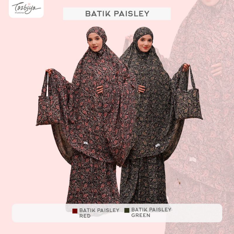 Mukena Tazbiya Batik Paisley Series Red/Green Jumbo Dewasa Katun Rayon Adem Motif Cantik