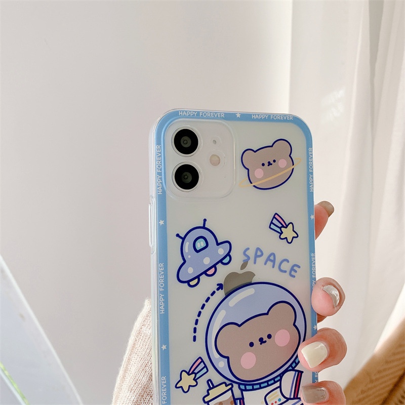 IPHONE Kartun Lucu Milk Tea Space Bear Transparan Phone Case Cover Untuk Iphone6 6s 78 PLUS X XR XS 11 12 13 PRO MAX SE 2020