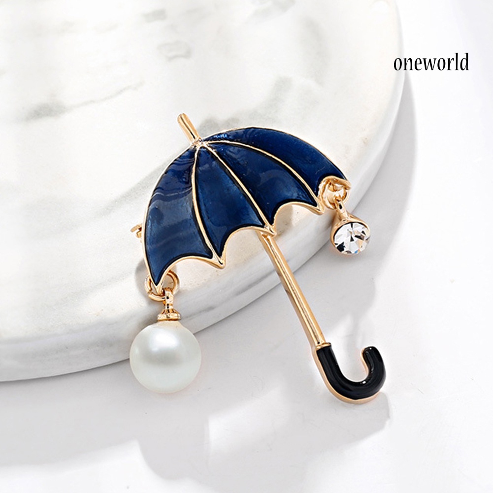 OW@ Unisex Rhinestone Faux Pearl Drop Umbrella Shape Brooch Pin Jacket Accessory