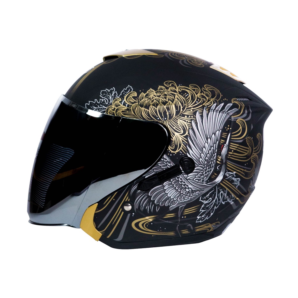 KM7 Helmet angsa half face SNI dewasa double visor BLACK SILVER DOFF