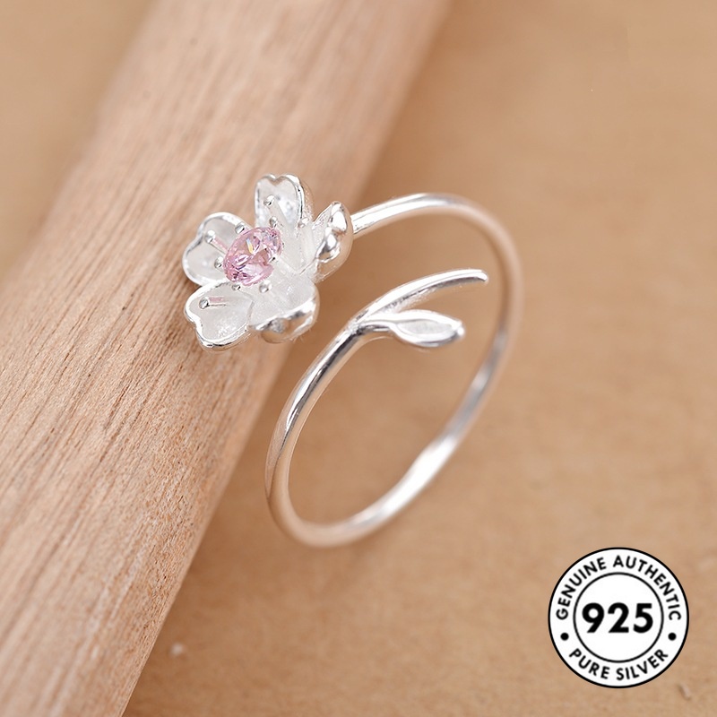 Cincin Desain Bunga Sakura Aksen Berlian Bahan S925 Silver Gaya Minimalis